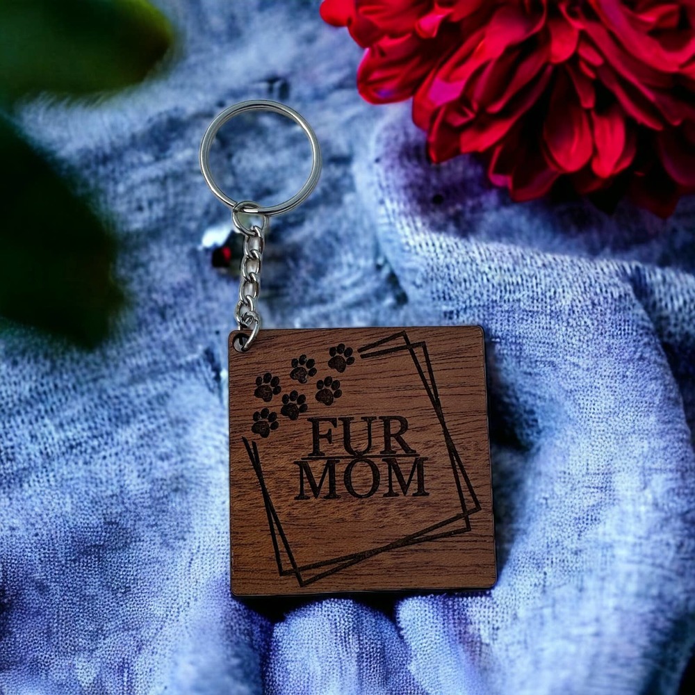 Fur Mom Wood Keychain